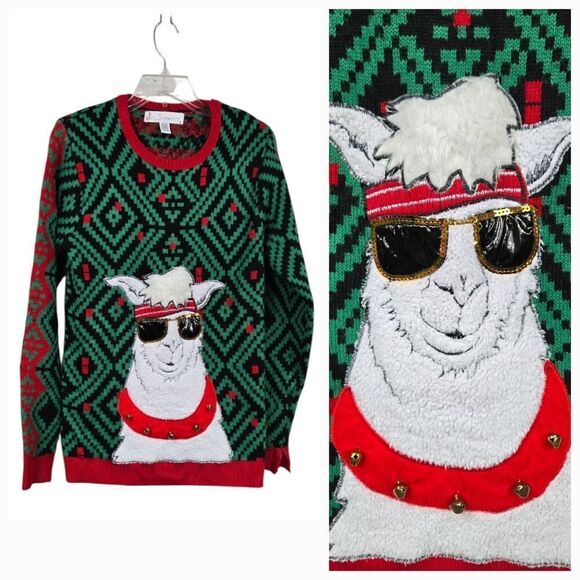 Hip Hop LLama Sunglasses Bells Mens Green Ugly Christmas Pullover Jolly Sweater - Picture 1 of 13